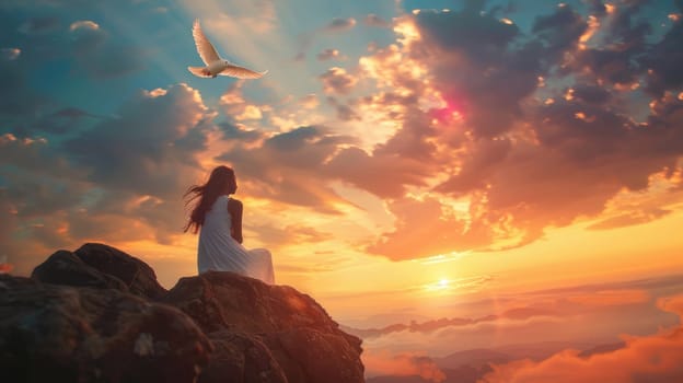 A woman sitting on top of a rock with a beautiful blue sky while watching a beautiful dove fly with its wings