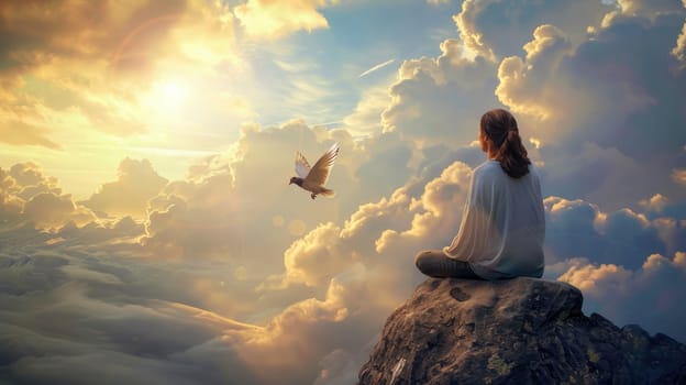 A woman sitting on top of a rock with a beautiful blue sky while watching a beautiful dove fly with its wings