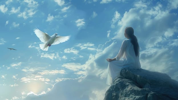 A woman sitting on top of a rock with a beautiful blue sky while watching a beautiful dove fly with its wings