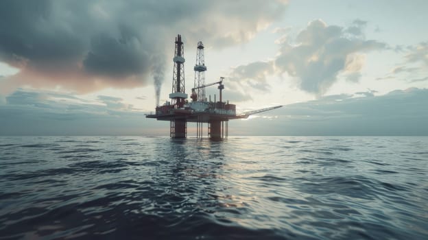 View of an oil platform in the middle of the ocean, Increase in gas and oil prices. Water pollution with copy space, Ocean oil drilling platform.