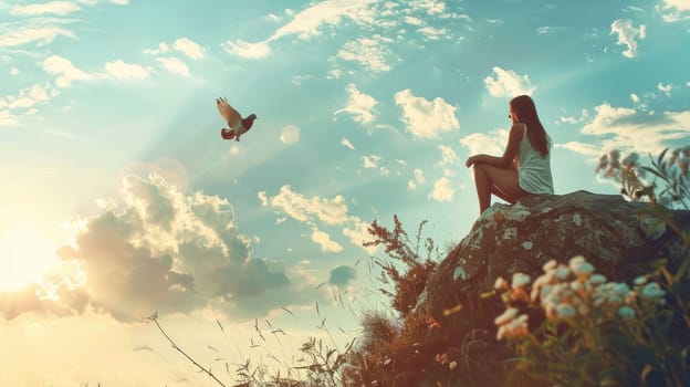 A woman sitting on top of a rock with a beautiful blue sky while watching a beautiful dove fly with its wings