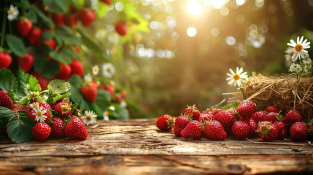 A rustic wooden table place of free space for your decoration and strawberry, Wooden table place with strawberry.