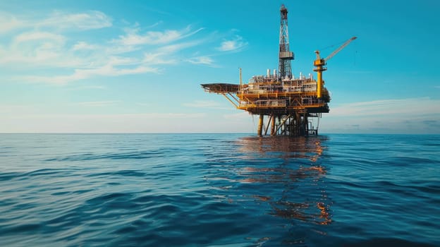 View of an oil platform in the middle of the ocean, Increase in gas and oil prices. Water pollution with copy space, Ocean oil drilling platform.