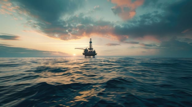 View of an oil platform in the middle of the ocean, Increase in gas and oil prices. Water pollution with copy space, Ocean oil drilling platform.