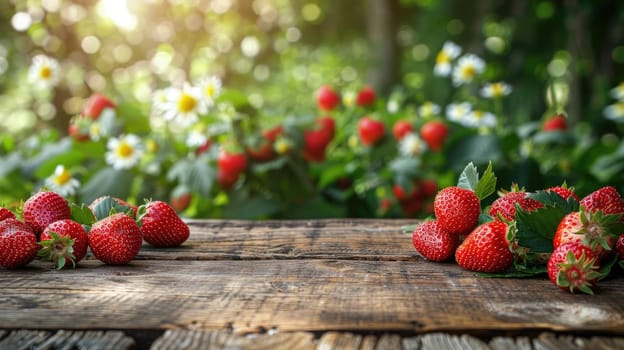 A rustic wooden table place of free space for your decoration and strawberry, Wooden table place with strawberry.