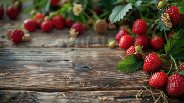 A rustic wooden table place of free space for your decoration and strawberry, Wooden table place with strawberry.