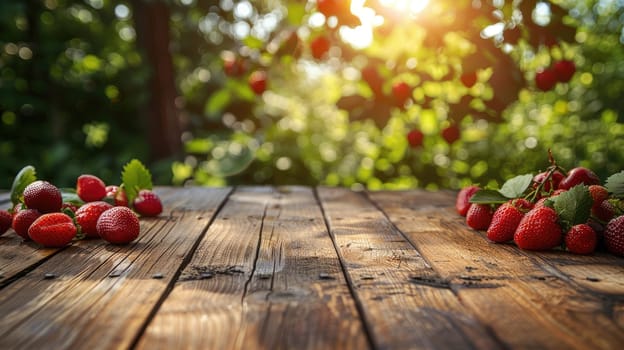 A rustic wooden table place of free space for your decoration and strawberry, Wooden table place with strawberry.