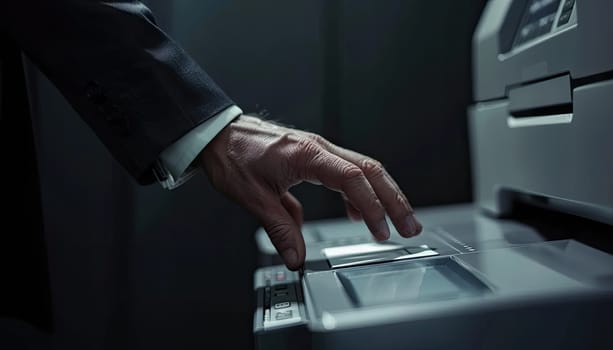 A man is touching a printer by AI generated image.