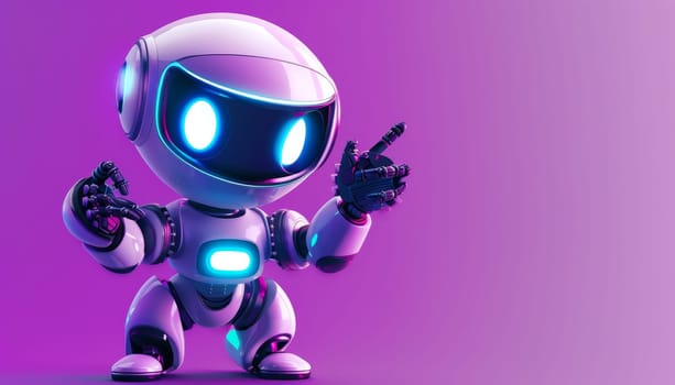 Cute Robot with Glowing Blue Eyes Pointing, Concept of Futuristic Technology by AI generated image.