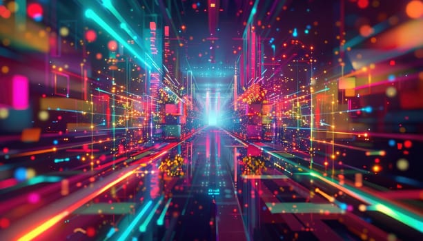 A colorful, neon-lit tunnel with a bright light at the end by AI generated image.