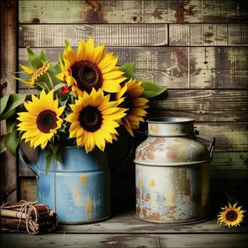 Vintage image of a rural farm wooden house with an antique milk can, a dilapidated barn, a bouquet of sunflowers. Junk journal. photograph with wear and tear. Country mood.