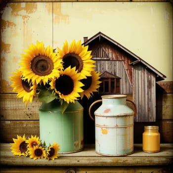 Vintage image of a rural farm wooden house with an antique milk can, a dilapidated barn, a bouquet of sunflowers. Junk journal. photograph with wear and tear. Country mood.