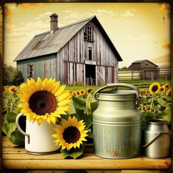 Vintage image of a rural farm wooden house with an antique milk can, a dilapidated barn, a bouquet of sunflowers. Junk journal. photograph with wear and tear. Country mood.