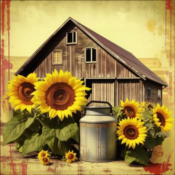 Vintage image of a rural farm wooden house with an antique milk can, a dilapidated barn, a bouquet of sunflowers. Junk journal. photograph with wear and tear. Country mood.