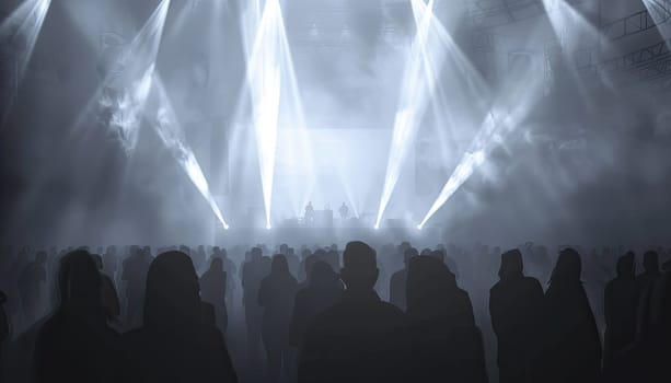 A crowd of people are watching a concert with a large screen in the background by AI generated image.