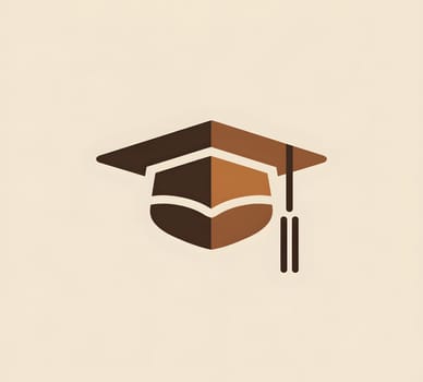 A brown graduation cap with a tassel is featured on a beige background with a circle logo in the corner. The design includes graphics and symbols, creating a sleek and modern look