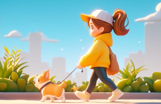 A girl is walking a dog on a leash by AI generated image.