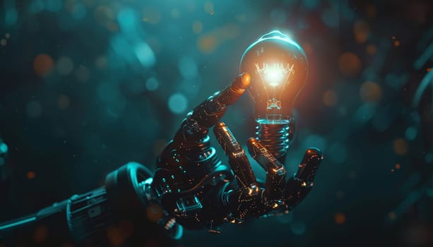 Artificial intelligence robot hand holding light bulb, Concept of innovation and technology by AI generated image.