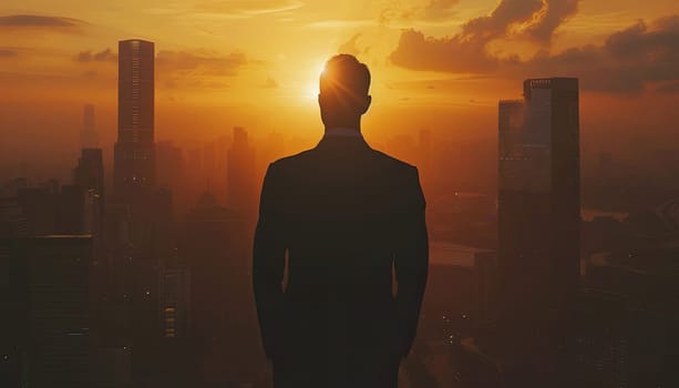 A man in a suit stands on a rooftop looking out over a city at a sunset by AI generated image.