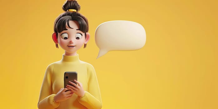 A cartoon girl is holding a cell phone and looking at it by AI generated image.