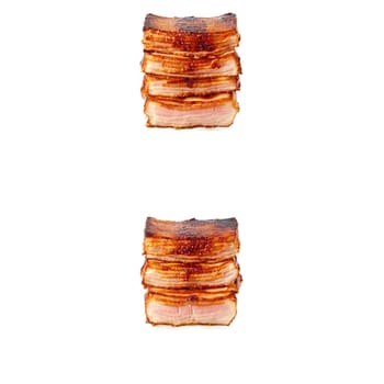 Pork belly with crispy skin sliced floating and steaming Food and culinary concept. Food isolated on transparent background.