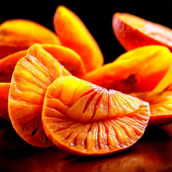 Dried mango slices bright orange with a slight translucency fluttering gently as if carried by. Food isolated on transparent background.