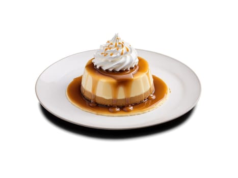 Flan with caramel sauce and whipped cream. Food isolated on transparent background.