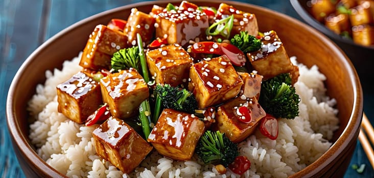 Rice, tofu, dinner. Tso s sesame tofu, rice, dinner. Glazed tofu cubes on rice, garnished with sesame seeds, green onions in bowl on wooden table