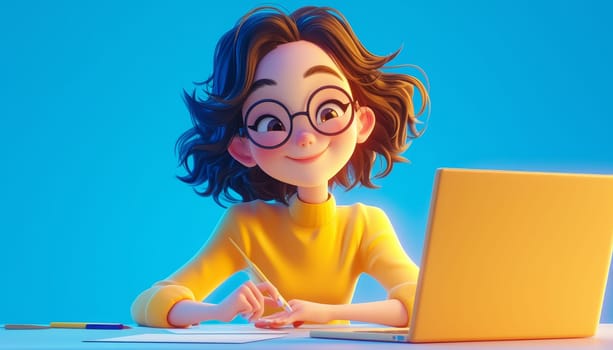 A cartoon girl is sitting at a desk with a laptop and a cup of coffee by AI generated image.