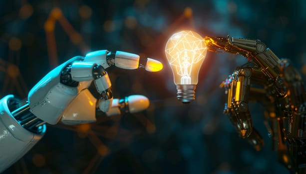 Artificial intelligence robot hand holding light bulb, Concept of innovation and technology by AI generated image.
