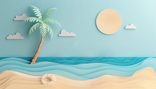 A paper drawing of a beach scene with palm trees and a large sun in the sky by AI generated image.