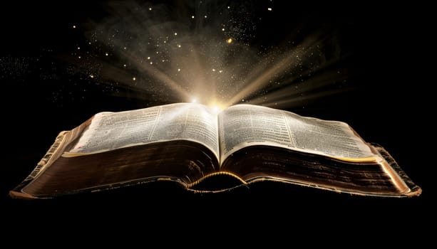 Open Bible with light emanating from it, Concept of spiritual enlightenment by AI generated image.