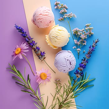 Scoops of ice cream on a colorful background