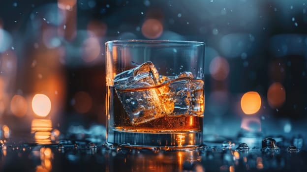 Close-up on a whiskey glass, a single ice cube slowly melting.