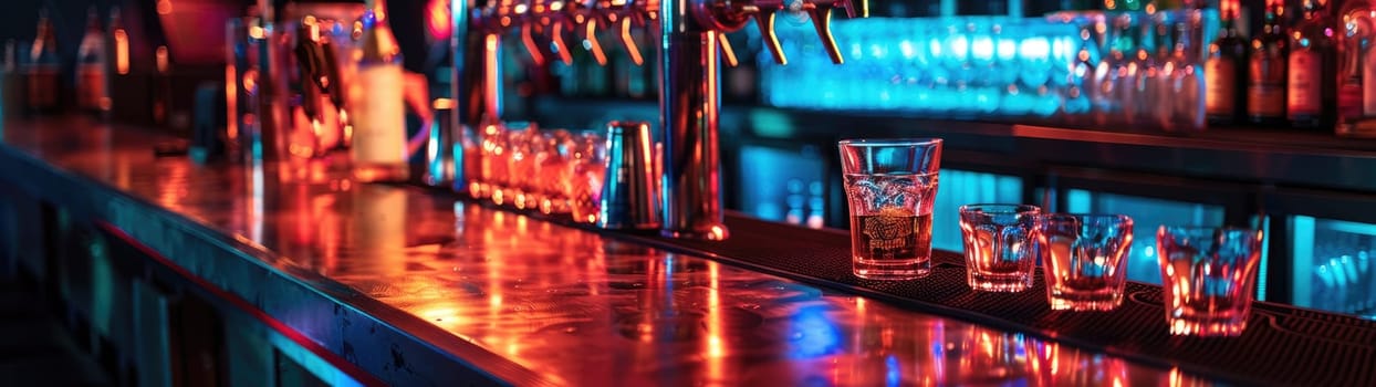 Panoramic shot of a bartop, illuminated by soft, colorful spotlights.