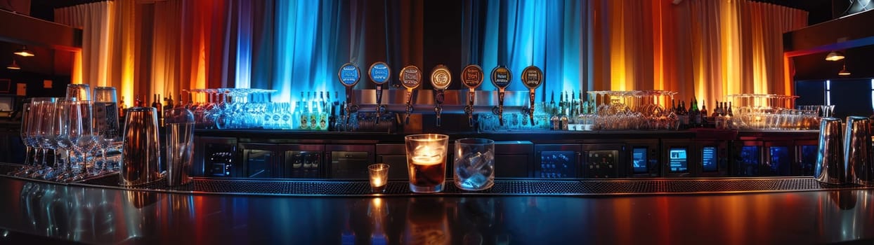 Panoramic shot of a bartop, illuminated by soft, colorful spotlights.