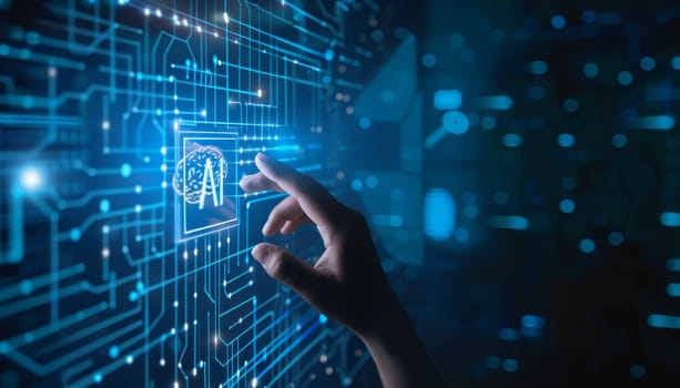 Hand touching AI brain interface on digital screen, Concept of artificial intelligence and technology by AI generated image.