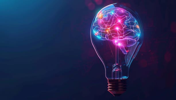 Light bulb with glowing neon brain inside, Concept of innovation and creativity by AI generated image.