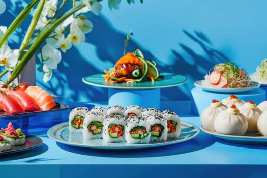 Delicious assortment of sushi and other food on blue table with flower background