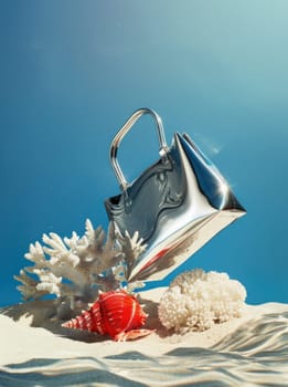 Fashionable silver handbag with seashell and starfish on sandy beach for summer travel collection