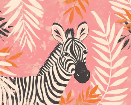 Zebra standing in front of pink background with palm leaves, tropical travel inspiration concept