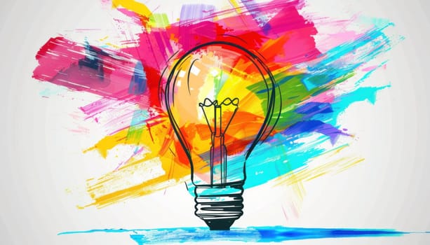 Idea generation bright lightbulb concept with paint splatters on white background for art and creativity inspiration