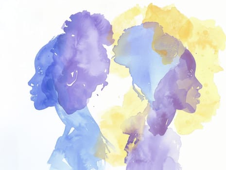 Vibrant watercolor painting of two women with blue and purple hair, artistic beauty and fashion theme