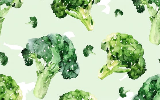 Broccoli watercolor seamless pattern on light green background for health and nutrition concept