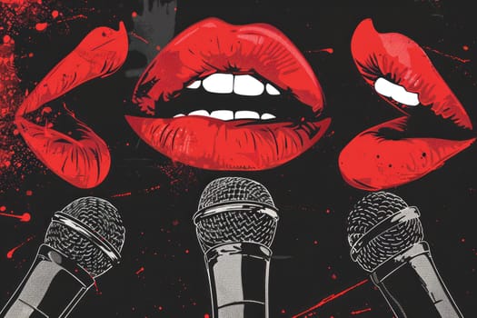 Musical microphones and seductive red lips with kiss me message on black background sensual beauty in music industry