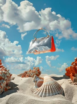 Elegant handbag floating on sandy beach with shells fashion and beauty on a relaxing trip to the seaside