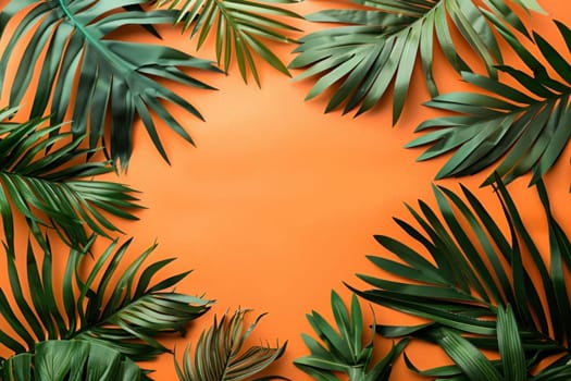 Tropical paradise lush palm leaves on bright orange background, perfect summer vacation inspiration and concept
