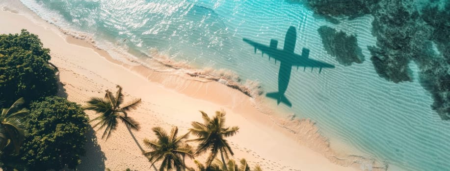 Airplane landing on tropical beach with palm trees and turquoise water in scenic travel destination landscape with stunning beauty and relaxing vibes