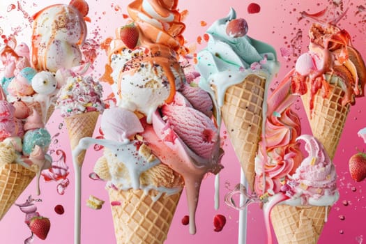 Variety of delicious ice cream cones with toppings on pink background for summer treat concept