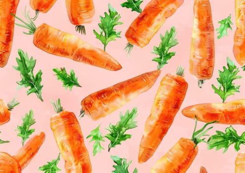 Watercolor seamless pattern of carrots on pink background for kitchen decor, dining, healthy eating and cooking inspiration